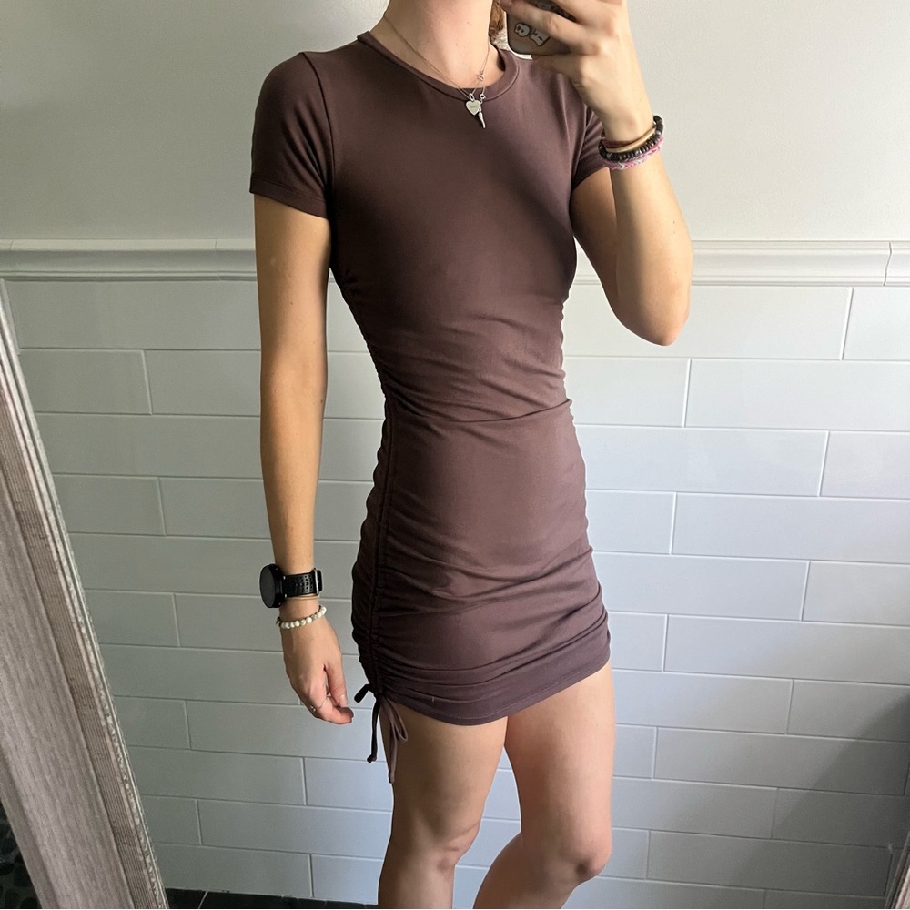 Brown Short Sleeve, Side Tie Dress